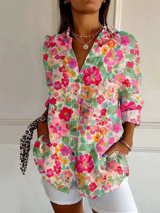 Camisas casuales de moda para mujer al aire libre, calle popular, patrón de flores HD, aumento de 2024 - 1