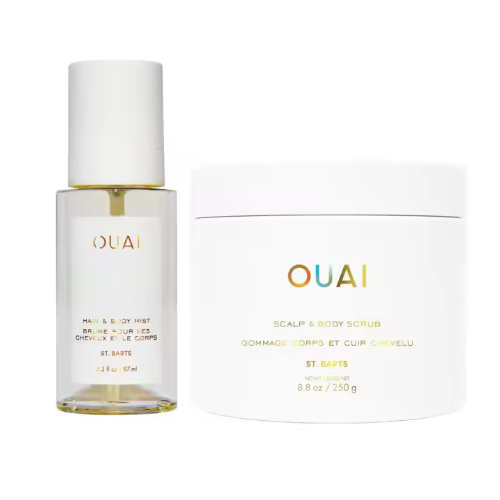 OUAI St. Barts incluye spray para el cabello (fragancia de la cabeza a los pies 3.3 y exfoliante para el cuero cabelludo y el cuerpo (8.8 oz) para limpieza - Paquete de 2 piezas - 1