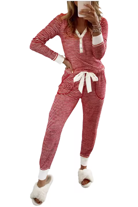 Elrachen Conjunto de salón con top con cuello en V y pantalones con cintura anudada para mujer, rayas rojas, tallas S-XL - 1