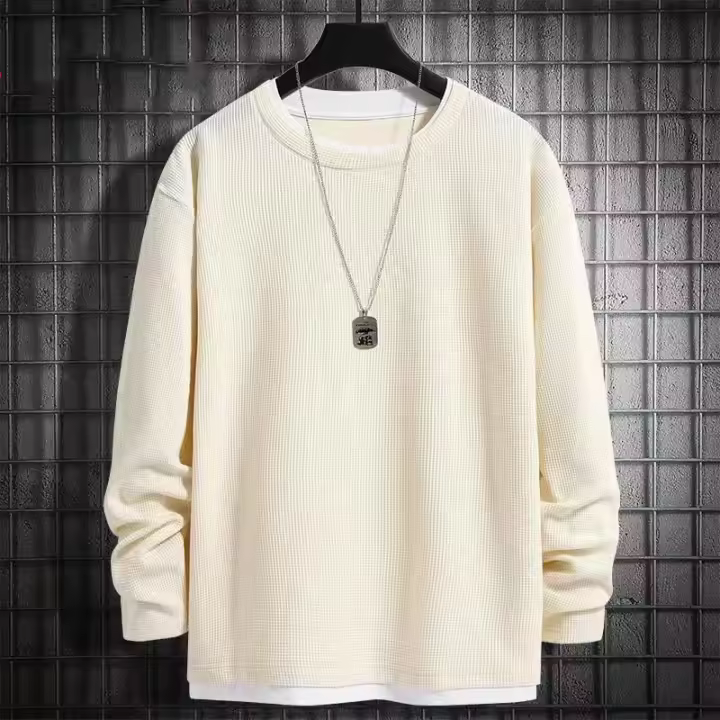 Camiseta de manga larga de dos piezas falsas de gofres para hombre, suéter interior holgado con cuello redondo, a la moda, otoño e invierno - 1