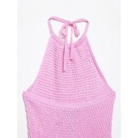 BUNO-vestido decorativo con cordones y cuello Halter de punto rosa de verano para mujer, minivestido sin mangas ajustado elástico elegante para mujer - details 3