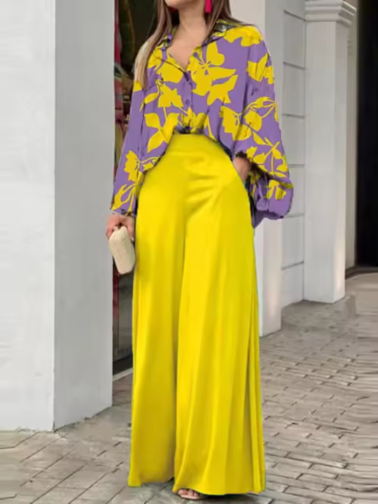 Nuevo 2025 Conjunto informal floral de 2 piezas, camisa de manga larga y pantalones de pierna ancha - 1