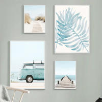 Pinturas Nórdicas de JUBEER en Lienzo para Decoración del Hogar Tema Onda Beach Bridge Wall Art Bus Posters con Hojas de Palma - details 3