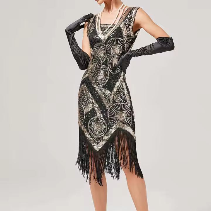 Vintage lentejuelas con cuentas Art Deco Flapper vestidos años 20 gran Gatsby fiesta flecos cuello en V sin mangas bordado vestido Midi - 1