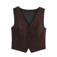 Willshela, chaqueta marrón de moda sin mangas con un solo pecho, chaleco retro con cuello en V, chaleco de oficina para mujer - details 1