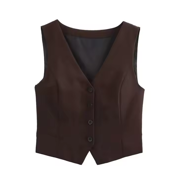 Willshela, chaqueta marrón de moda sin mangas con un solo pecho, chaleco retro con cuello en V, chaleco de oficina para mujer - 1