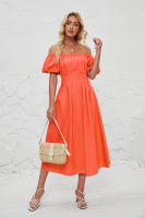 Vestido de verano de color liso plisado de cintura alta con mangas cortas y hombros descubiertos para mujer - details 2