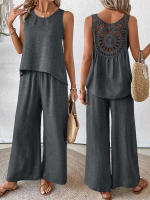 Chaleco informal de dos piezas con encaje calado de Color sólido para primavera y verano para mujer, pantalones largos de pierna ancha - details 14