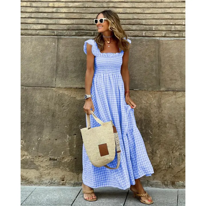 BUNO-Vestido largo acampanado con cuello cuadrado sin mangas a cuadros para mujer, vestido informal de verano para vacaciones y playa - 1