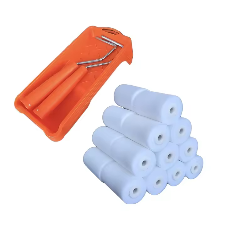 Kit de rodillos de esponja de alta densidad de 26 piezas de 5,08 cm, que incluye 2 marcos, 4 bandejas de pintura y 20 rodillos de esponja naranja de alta densidad, hechos de plástico - 1