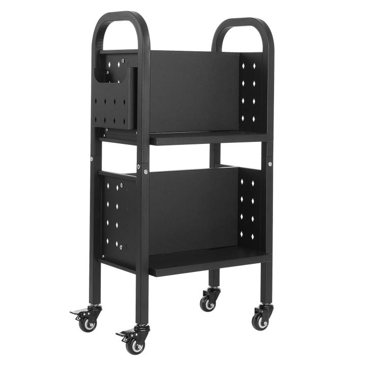 SucceBuy Carrito de libros rodante para biblioteca, capacidad de 150 libras, carrito de 449,58 x 330,2 x 878,84 mm, estantes en forma de L de doble cara con ruedas bloqueables de 50,8 mm, organizador de libros para el hogar, oficina y escuela, negro