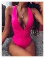Nuevo bikini traje de baño de una pieza con tirantes y cuello en V de color sólido - details 3