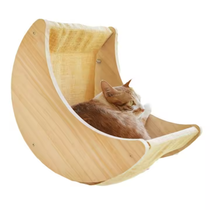 Suministros para mascotas, hamaca de madera con ventosa para gatos, forma de luna, percha colgante para ventana de gato, hamaca desmontable sin perforaciones para ventana de gato para interiores - 1