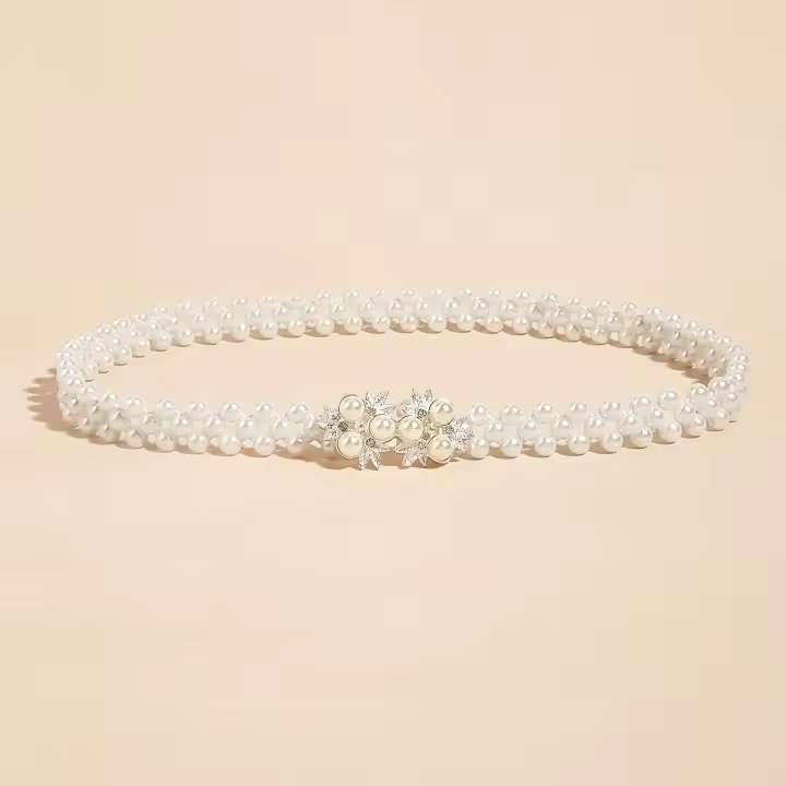Cinturón tejido con perlas de imitación para mujer, elegante, delicado, elástico, blanco, decoración moderna - 1