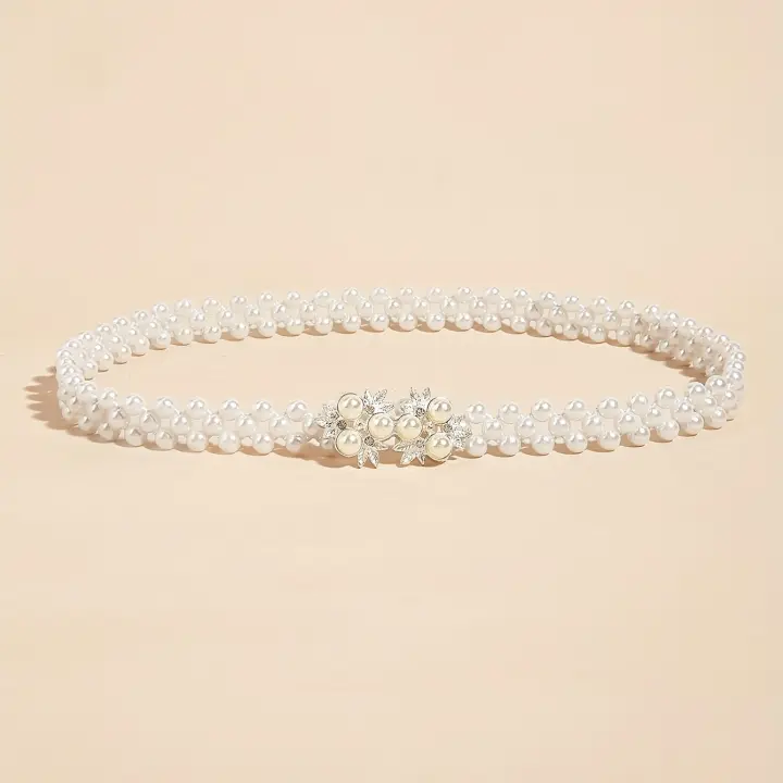 Cinturón tejido con perlas de imitación para mujer, elegante, delicado, elástico, blanco, decoración moderna - 1