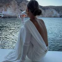 Elegante Vestido Largo con Espalda Descubierta Copea Delgada Blanca con Mangas - details 4