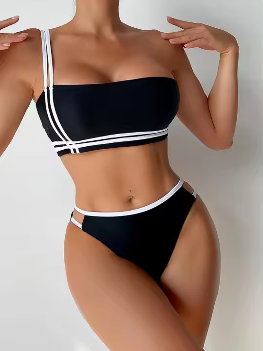 Conjunto de bikini unicolor con camisolas de mujer, tirantes, tirantes de baño, 2 piezas - 1