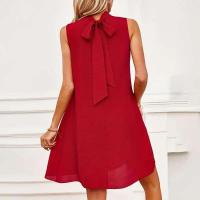 Elegante Vestido Mini sin Mangas de Color Sólido Cuello Alto, Lazo, Vestido de Encaje para Mujeres - details 5