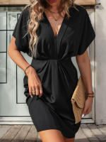 Vestido casual de mujer con cuello en V, manga corta, cintura alta, falda acampanada en negro - details 2