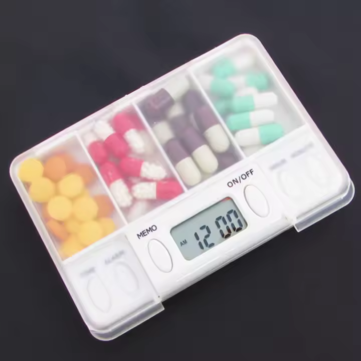 Caja de almacenamiento de plástico inteligente, 4 rejillas, recordatorio de sincronización electrónico, cajas de medicamentos, temporizador de alarma, organizador de escritorio, contenedor de pastillas - 1