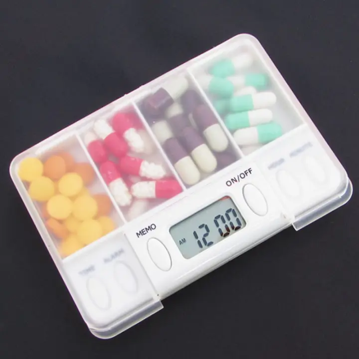 Caja de almacenamiento de plástico inteligente, 4 rejillas, recordatorio de sincronización electrónico, cajas de medicamentos, temporizador de alarma, organizador de escritorio, contenedor de pastillas - 1