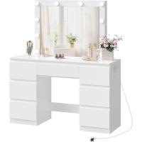 Espejo y Luz LED, Mesa Con 7 Cajones Almacenamiento y Enchufes USB-A y USB-C, Blanco - details 0
