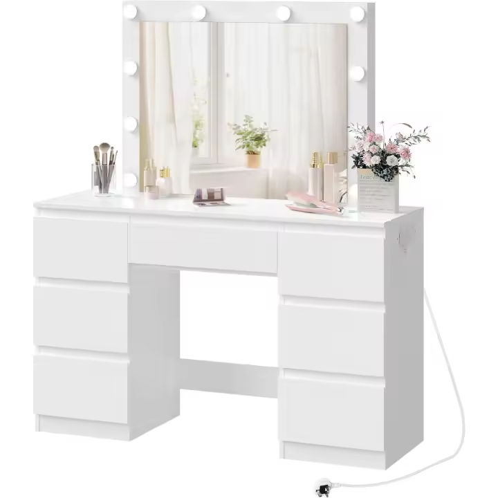 Espejo y Luz LED, Mesa Con 7 Cajones Almacenamiento y Enchufes USB-A y USB-C, Blanco - 1