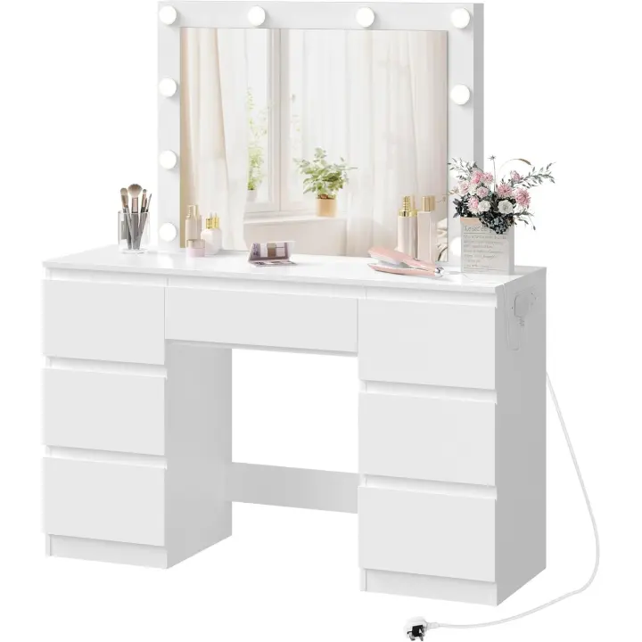 Espejo y Luz LED, Mesa Con 7 Cajones Almacenamiento y Enchufes USB-A y USB-C, Blanco - 1