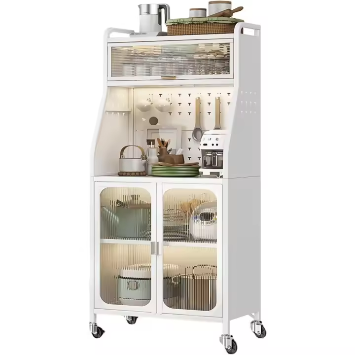 Armario de cocina, mueble auxiliar, aparador de 5 niveles, con orificio para cables, ganchos, ruedas, puerta magnética - 1