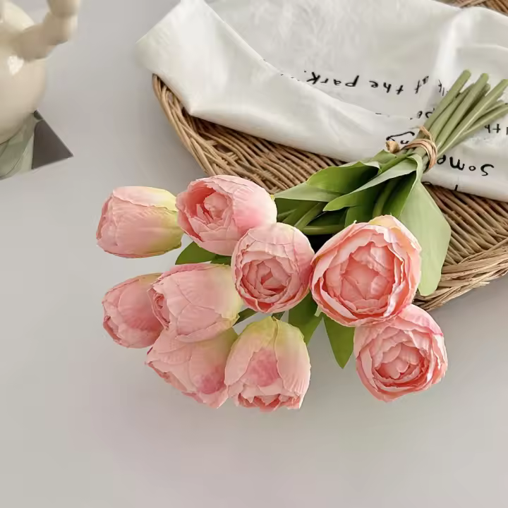 9 Uds. Ramo de tulipanes artificiales de 9 cabezas, tacto Real, flor de tulipán de seda realista, borde quemado, flores falsas hechas a mano - 1