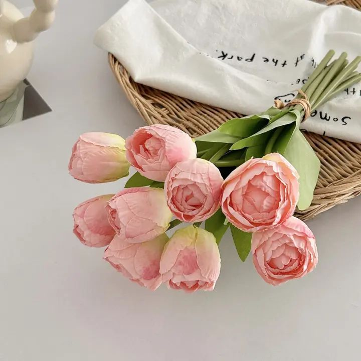 9 Uds. Ramo de tulipanes artificiales de 9 cabezas, tacto Real, flor de tulipán de seda realista, borde quemado, flores falsas hechas a mano - 1