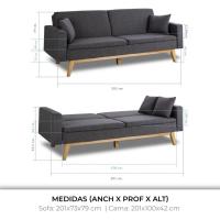 Sofá Reine de 3 Plazas Tapizado en Tela, Apertura de Libro o Clic-clac, Tamaño 201x73x79 cm, Incluye 2 Cojines, Gris Marengo - details 4