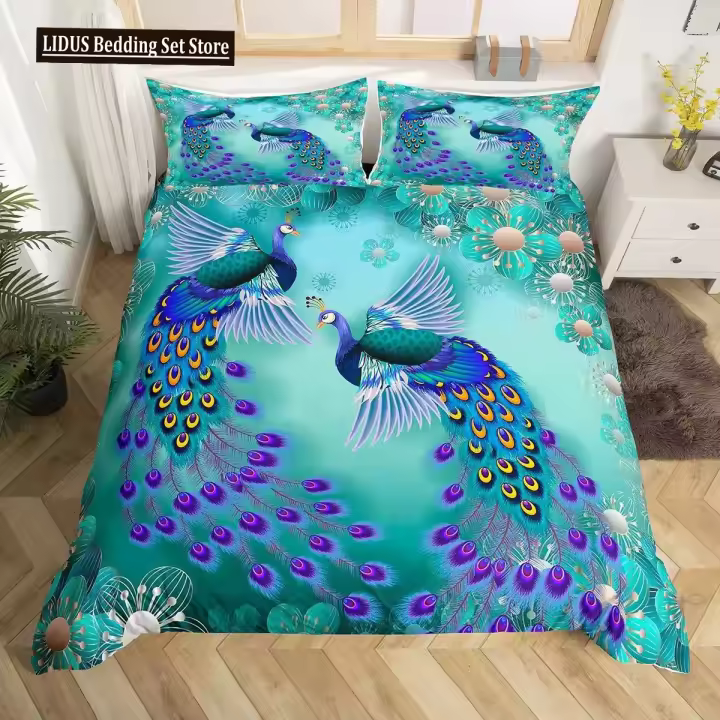 Juego de Funda de Edredón de Pavo Real Ropa de Cama de Plumas de Arcoíris para Decoración de Dormitorio Cubierta de Cojín de Poliéster de Tamaño Doble Rey - 1