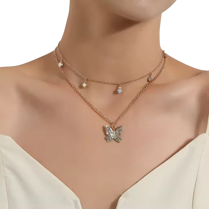 Nuevo producto de moda, collar con colgante de mariposa de diamante completo para mujer, cadena de doble capa, collar Punk con diamantes de imitación - 1