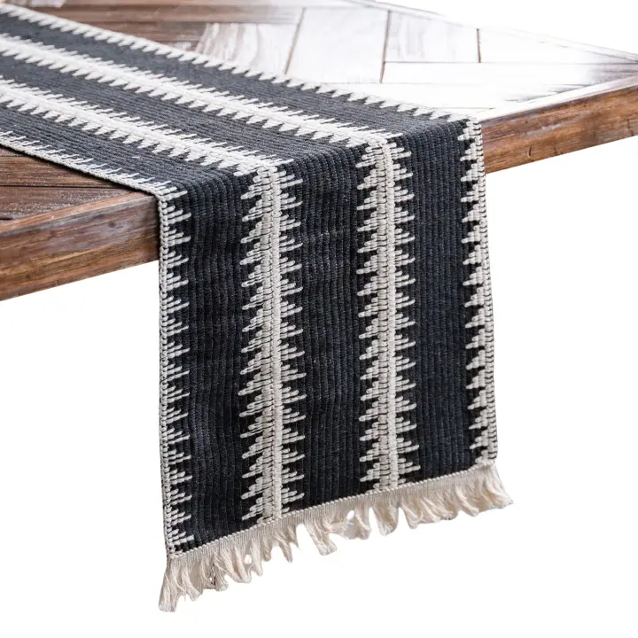 Mantel de Mesa de Punto con Borlas a Rayas Beige Negro Estilo Bohemio Moderno para Cocina, Comedor, Boda - 1