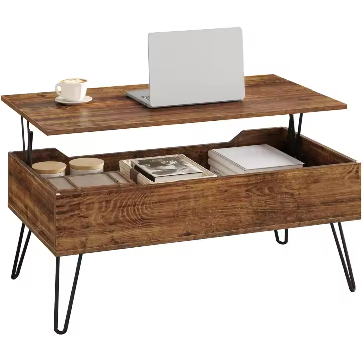 Centro Elevable, Mesa Salon con Espacio Interno, Mesa Centro Elevable y Extensible, Mesa Auxiliar con Patas Metálicas para Salón, 95x50x(40-55,5) cm, Marrón Rústico, BTS18hov - 1