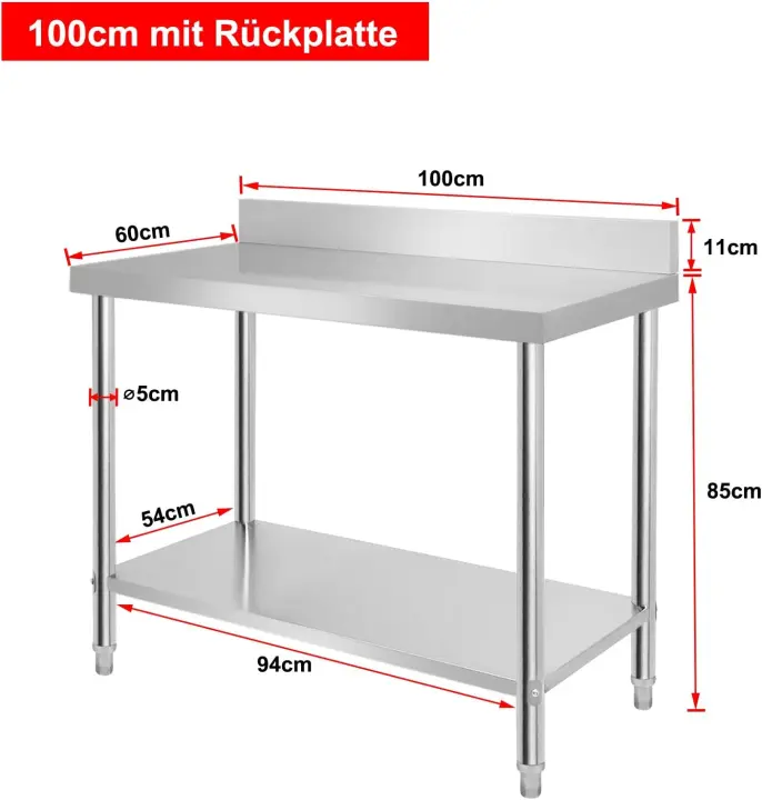 Mesa de trabajo de acero inoxidable con cantos, mesa de cocina con patas ajustables, con estante inferior extragrande - 1