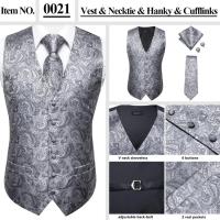 Chaleco ajustado, corbata, bolsillo, gemelos cuadrados, chaleco de seda para hombre, conjunto de corbata para traje, vestido, chalecos florales de cachemira de boda, regalo - details 19