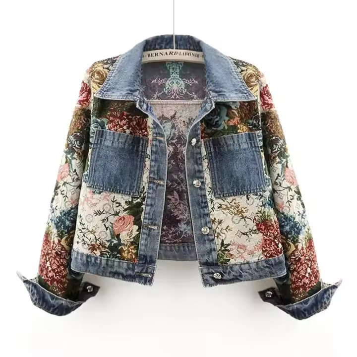 2025 primavera y otoño nueva moda impresa empalme manga larga cuello bolsillo Top Chaqueta corta de mujer abrigo de mezclilla de moda - 1