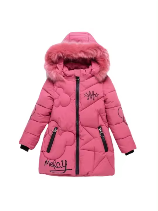 Chaqueta de Invierno para Niñas con Estampado de Letras Cálida, Desmontable, Protección contra el Viento, Moda para Edades 4-12 Años - 1