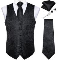 Chaleco de traje para hombre negro sólido Paisley boda graduación novio Jacquard chaleco de seda con corbata para esmoquin ropa de hombre DiBanGu - details 4