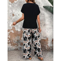 Conjunto de dos piezas de verano, suéter holgado versátil con cuello redondo estampado, atuendo informal para mujer - details 12