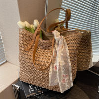 Bolso de mano Vintage para mujer, tejido de hombro, Color sólido, cinta de encaje, mimbre, paja Bohemia, Asa de playa, Beige - details 10