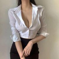 Camisa blanca para mujer con cuello en V profundo, mangas largas finas y camisas de temperamento de alta gama - details 0