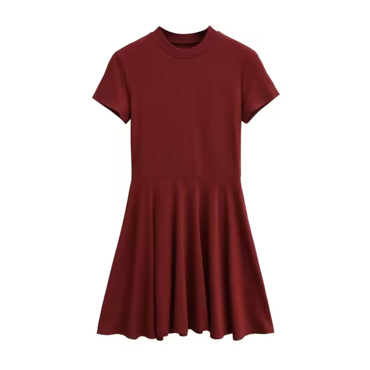 Vestido básico de manga corta de color sólido ajustado de estilo europeo y americano para mujer con cintura y cuello medio alto delgado Empalme de una palabra falda de swing grande - 1