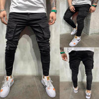 Pantalones vaqueros rasgados ajustados para hombre, ropa de calle de moda, con múltiples bolsillos laterales, pantalones Cargo elásticos suaves, pantalones cortos para correr - details 3