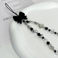Cadena de teléfono con cuentas de estrella y flor transparente con lazo negro bonito coreano, cordón colgante de corazón de amor plateado para iPhone, cuerda colgante antipérdida - details 1