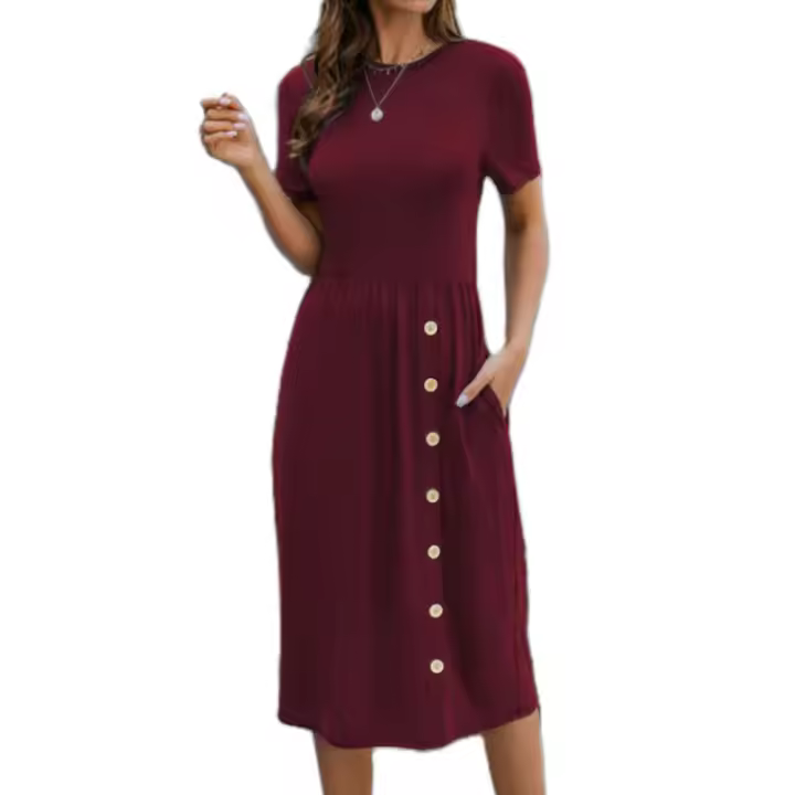 Vestido de punto casual para mujer, ropa de moda para mujer con botón de color sólido, verano - 1