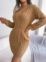 Knitted Sweater Dress For Women  Autumn Winter Long Sleeve Slim Waist Knitwear Clothes White Blue Khaki - details 1