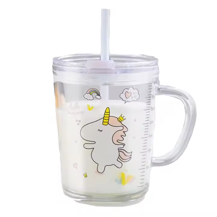 Taza de Leche con Pajita Vaso Medidor de Cristal, Tapa, Puntas de Silicona - 1